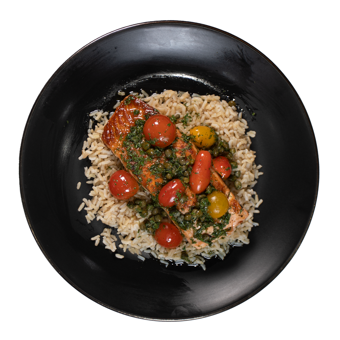 Salsa Verde Salmon with Tomatoes & Brown Rice